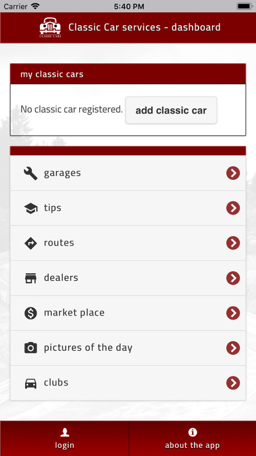 Screenshots of the Classic Cars Service App